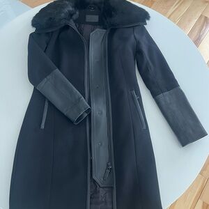 RUDSAK XS Black Trench Coat with Fur Collar and leather details.